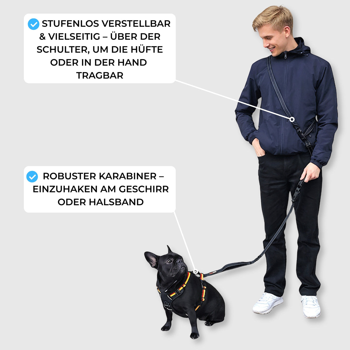 Freihand-Umhängeleine verstellbar mit Auto-Sicherheitsgurt (schwarz)